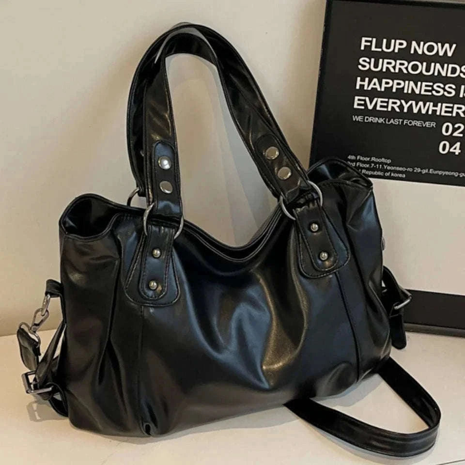 Large Capacity Vintage Style Shoulder Tote Bag with Crossbody Strap-Brown