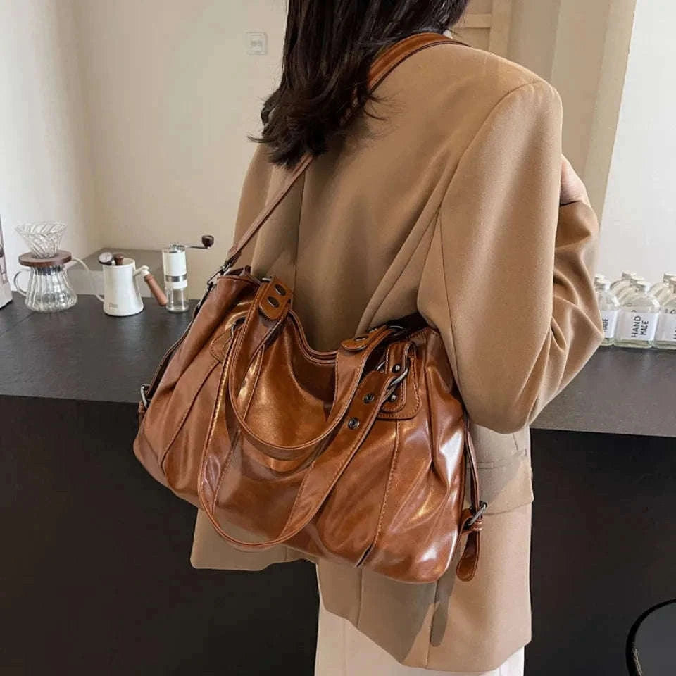 Large Capacity Vintage Style Shoulder Tote Bag with Crossbody Strap-Brown