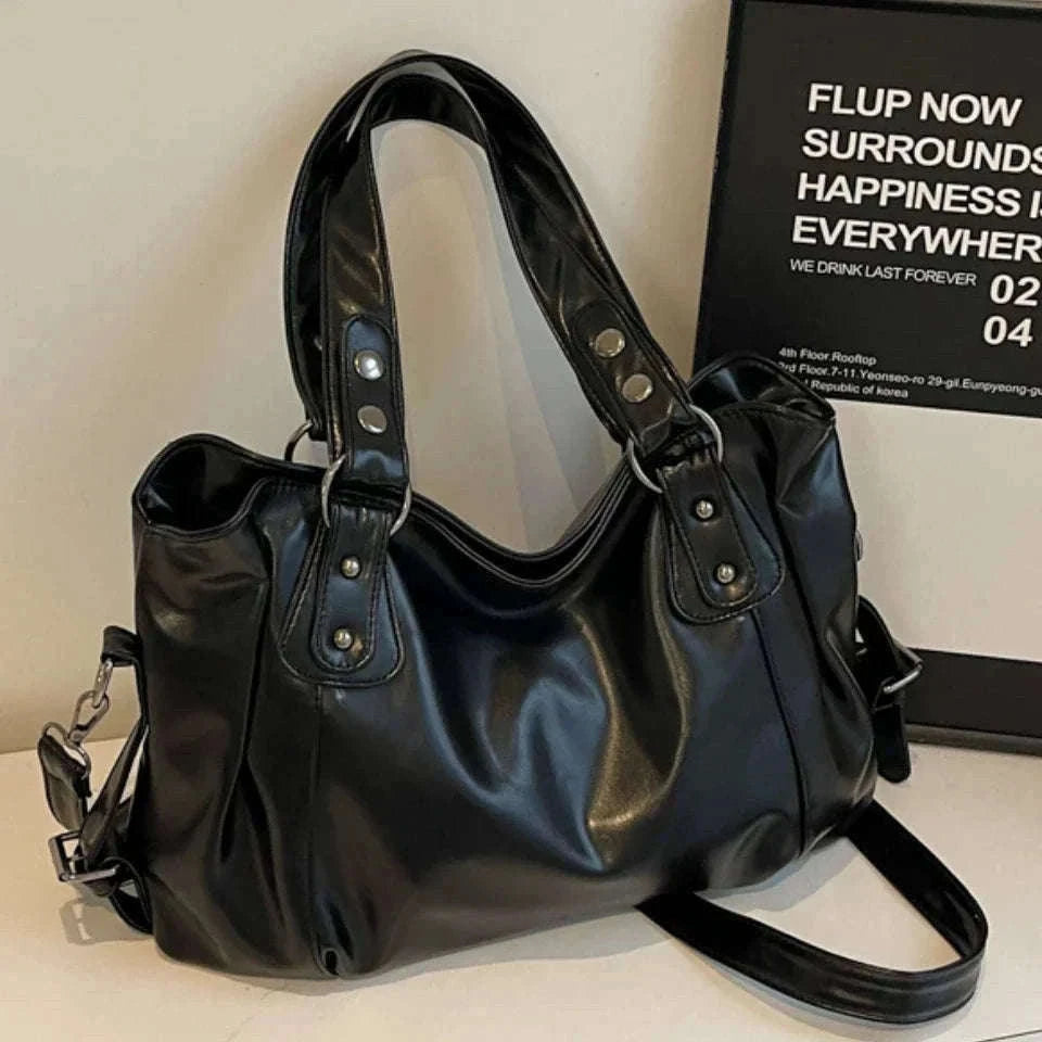 Large Capacity Vintage Style Shoulder Tote Bag with Crossbody Strap-Brown