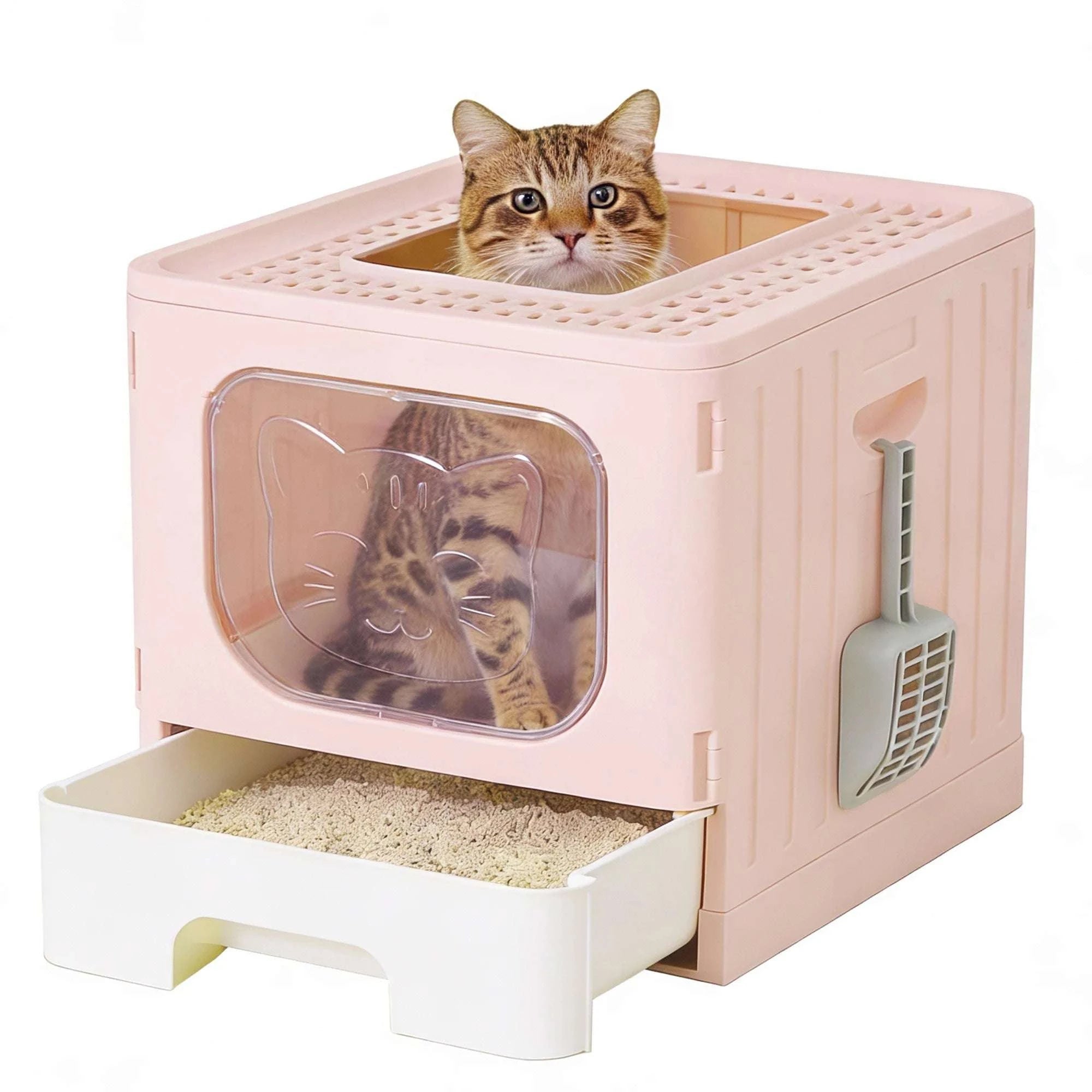 Large Covered Cat Litter Box with Lid and Scoop, 23.6" Foldable Design-Pink / United States
