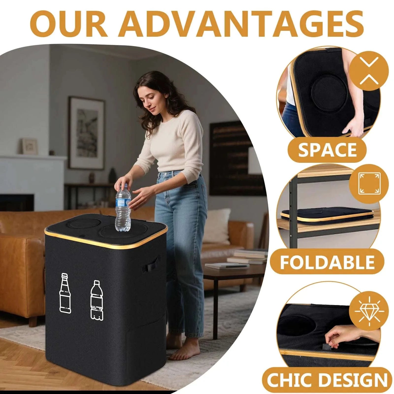 Large Foldable Recycling Bin with Lid 100L 145L Storage Organizer-145L / france