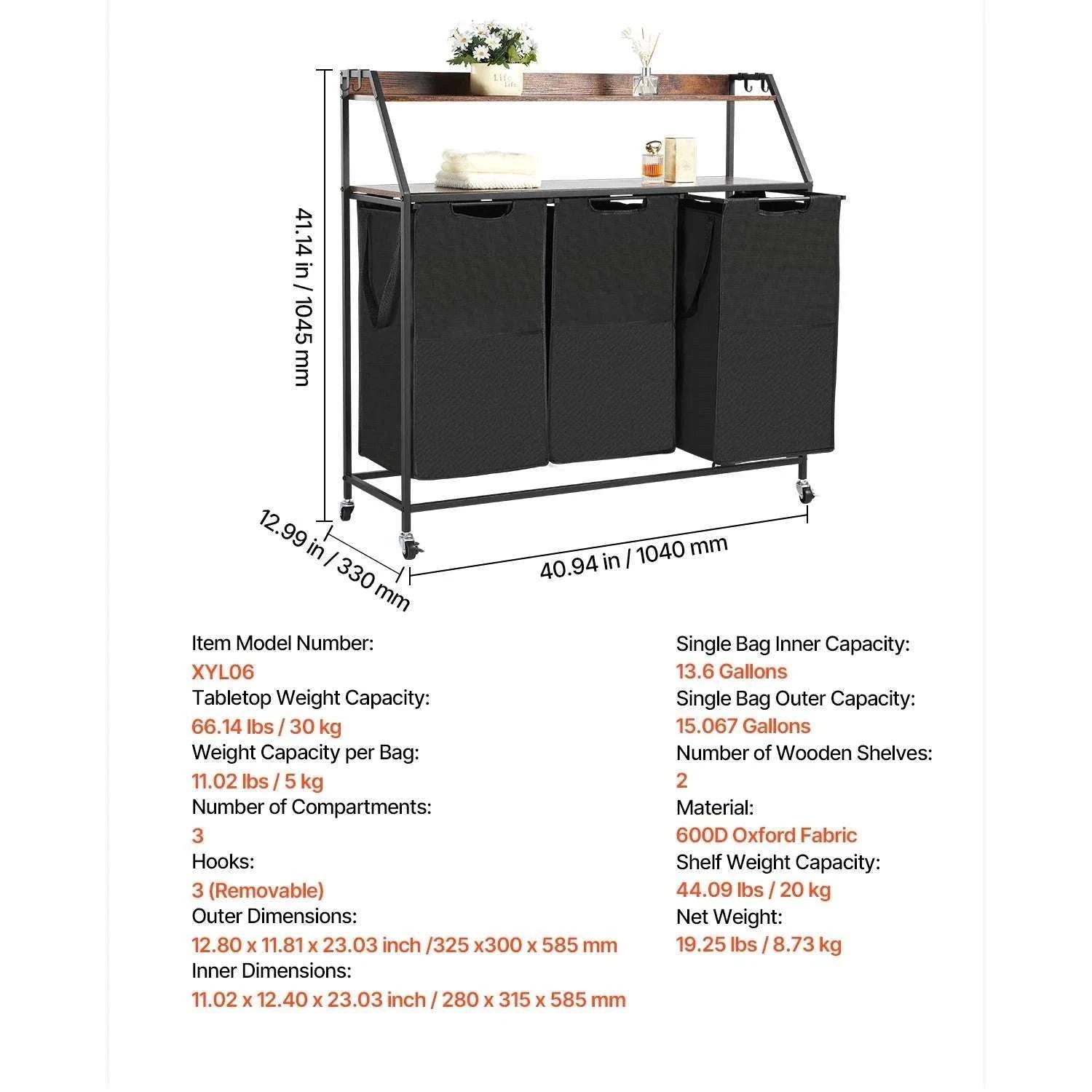 Large Laundry Sorter with Metal Frame & Pull-Out Bags-3 Compartments TypeA / United States