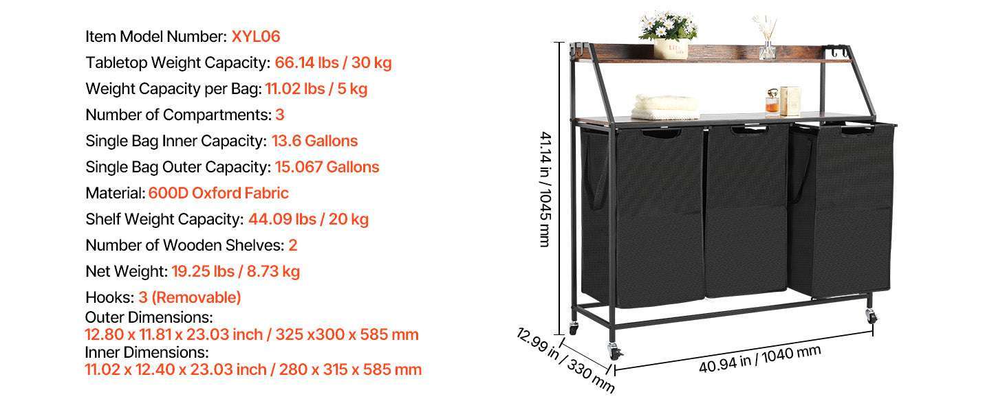 Large Laundry Sorter with Metal Frame & Pull-Out Bags-3 Compartments TypeA / United States