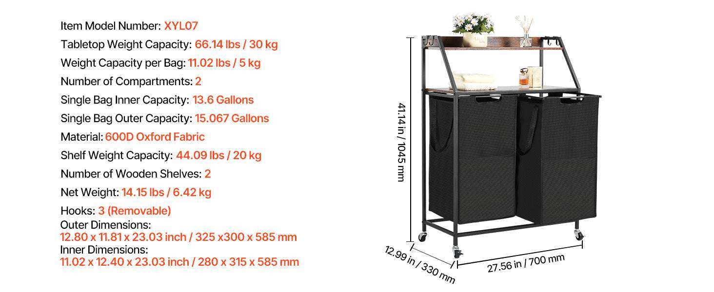 Large Laundry Sorter with Metal Frame & Pull-Out Bags-3 Compartments TypeA / United States