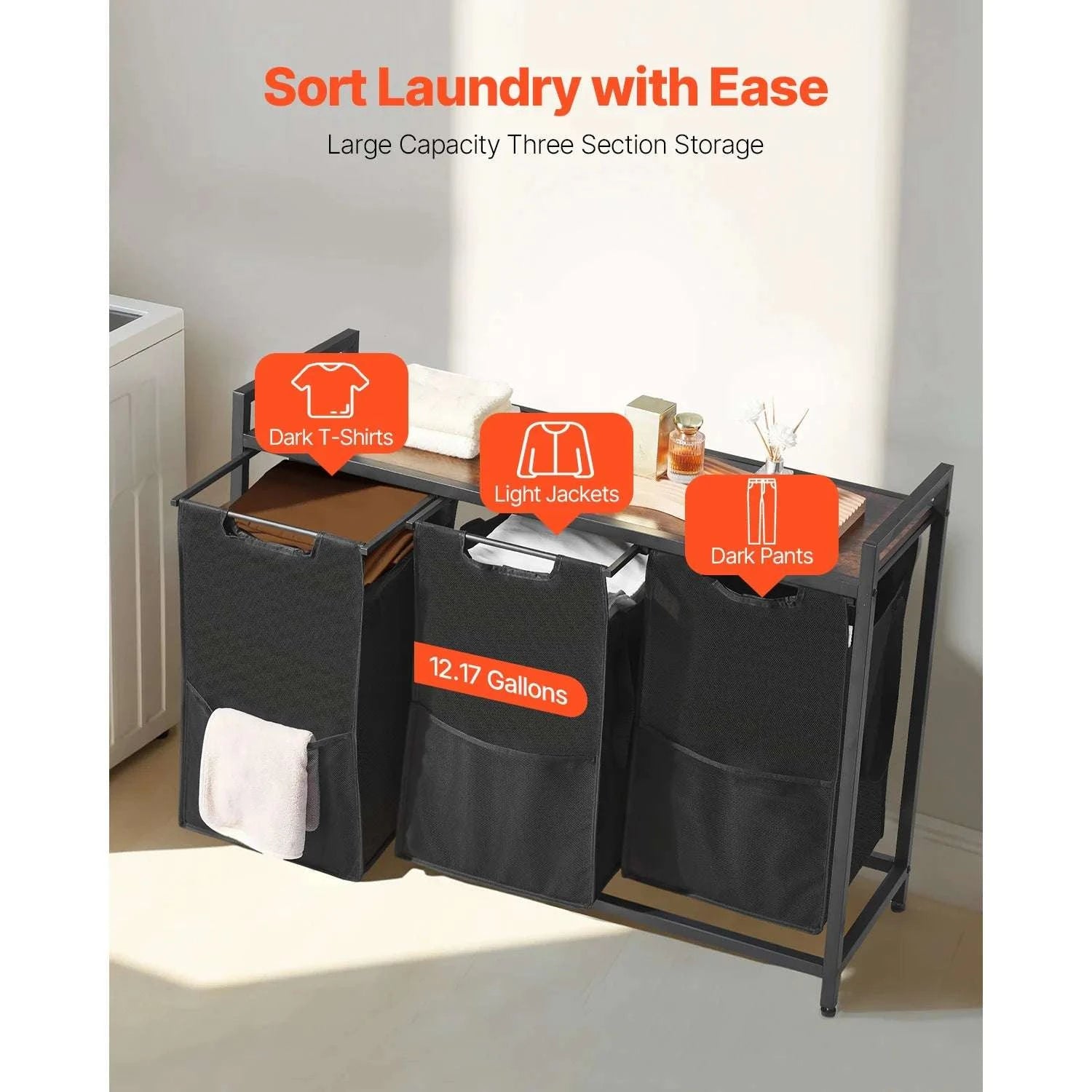 Large Laundry Sorter with Metal Frame & Pull-Out Bags-3 Compartments TypeA / United States