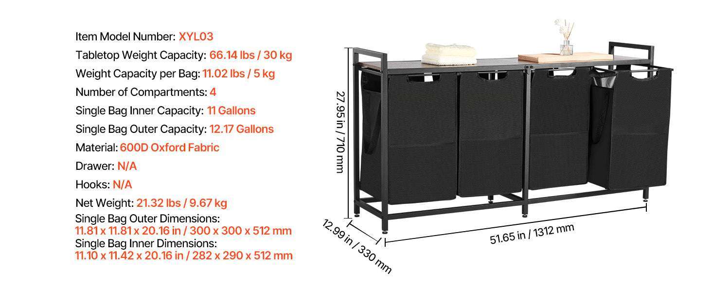 Large Laundry Sorter with Metal Frame & Pull-Out Bags-3 Compartments TypeA / United States