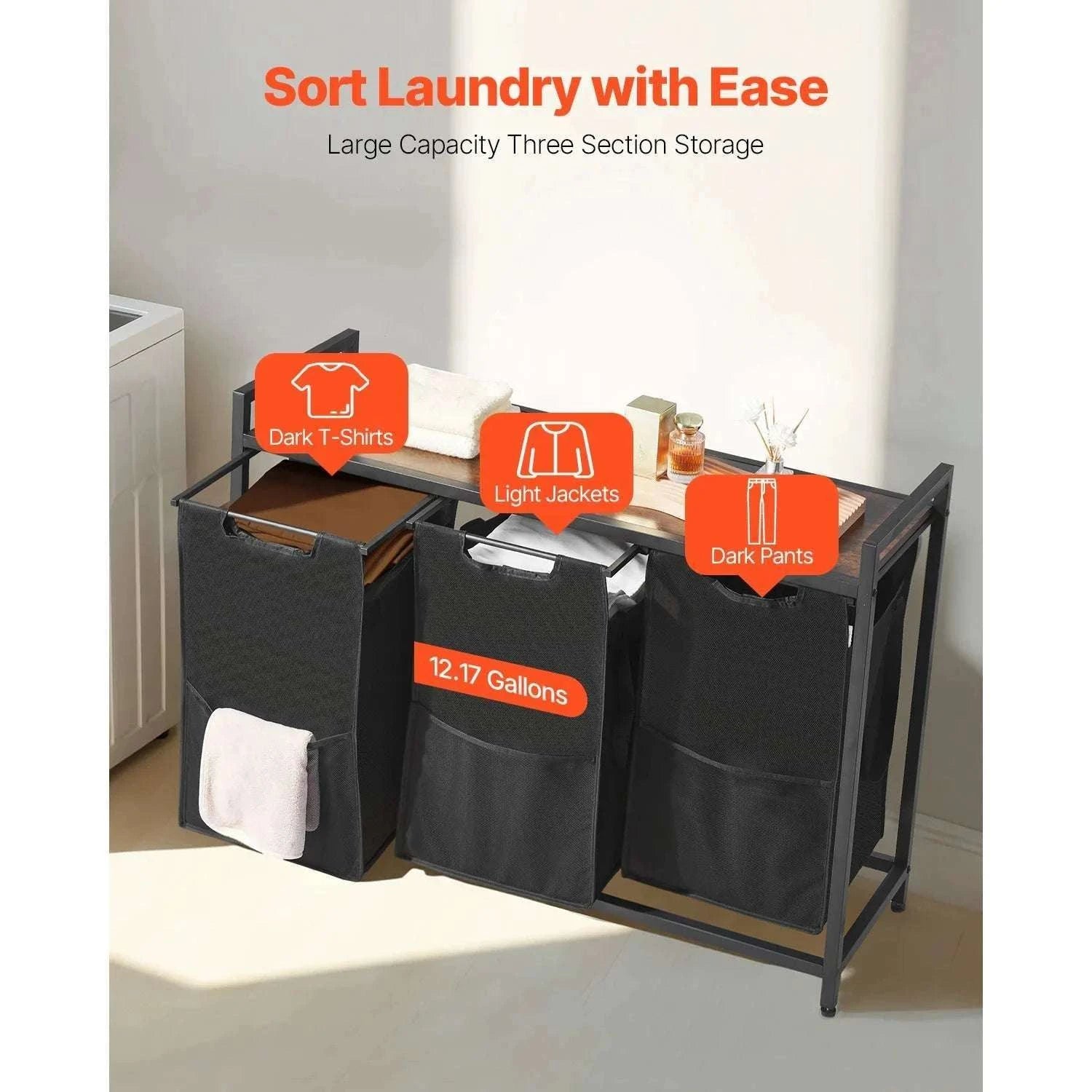 Large Laundry Sorter with Metal Frame & Pull-Out Bags-3 Compartments TypeA / United States