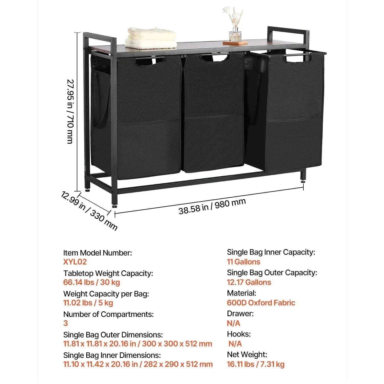 Large Laundry Sorter with Metal Frame & Pull-Out Bags-3 Compartments TypeA / United States