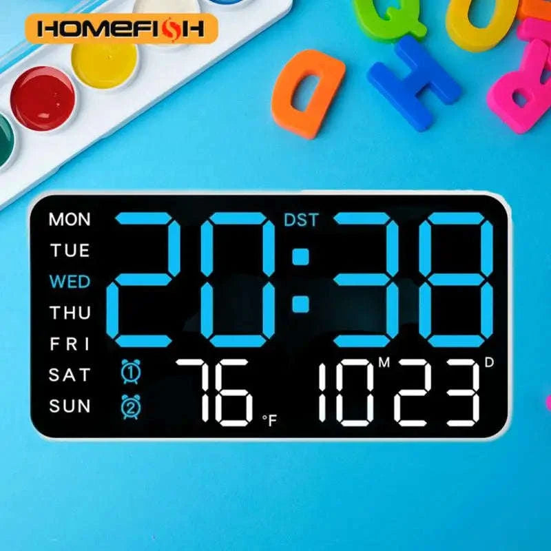 Large LED Digital Wall Clock with Temperature, Date & Remote Control-blue