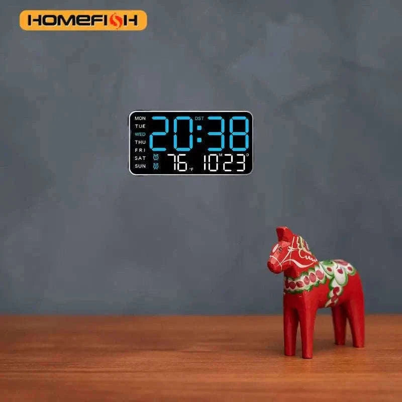 Large LED Digital Wall Clock with Temperature, Date & Remote Control-blue