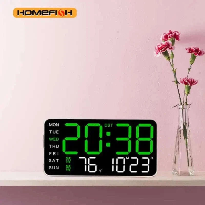 Large LED Digital Wall Clock with Temperature, Date & Remote Control-blue