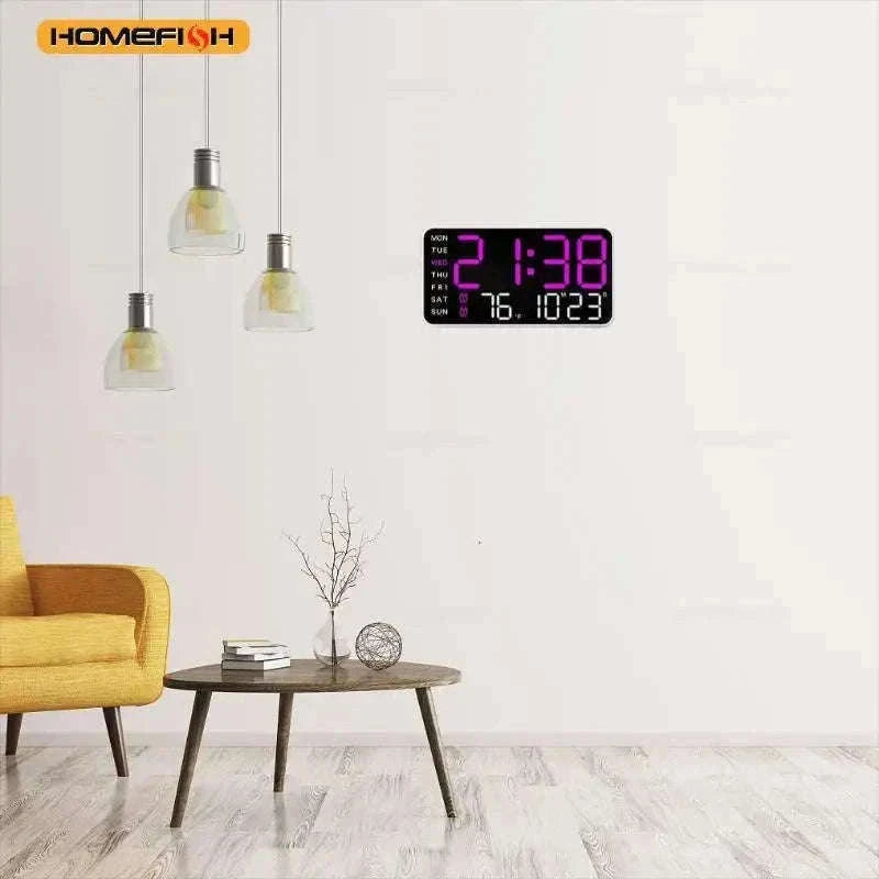 Large LED Digital Wall Clock with Temperature, Date & Remote Control-blue
