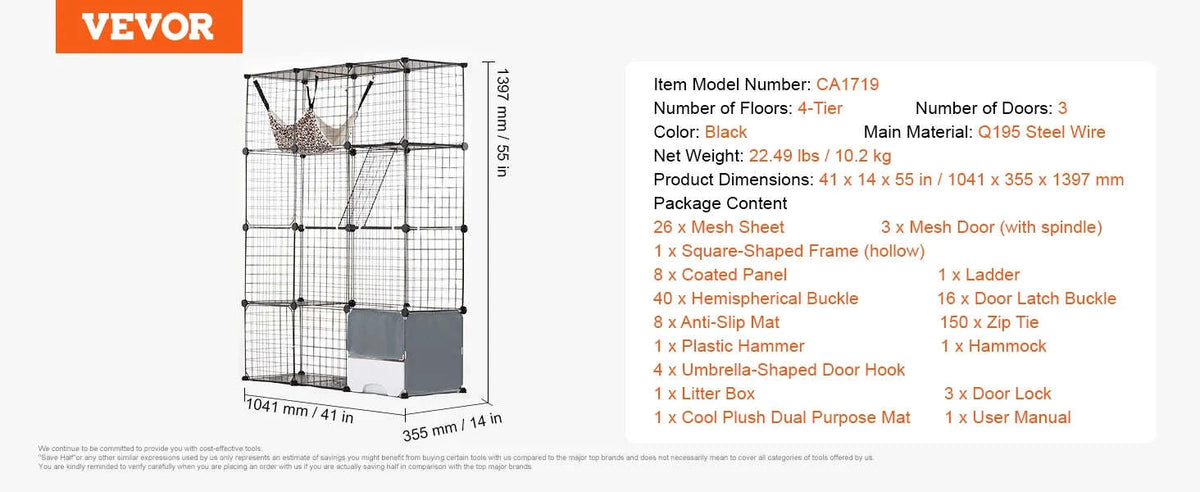 Large Metal Cat Cage with Front Doors, Hammock, Ramp and Ladders-41x41x55inch / CZECH REPUBLIC