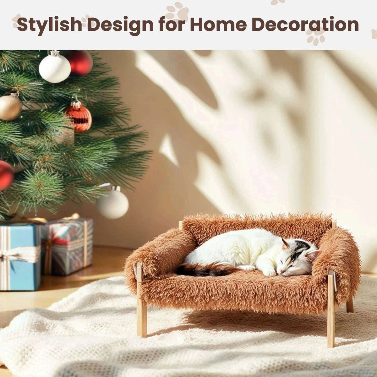 Large Raised Plush Cat Sofa Bed with Wooden Legs-Brown / United Kingdom