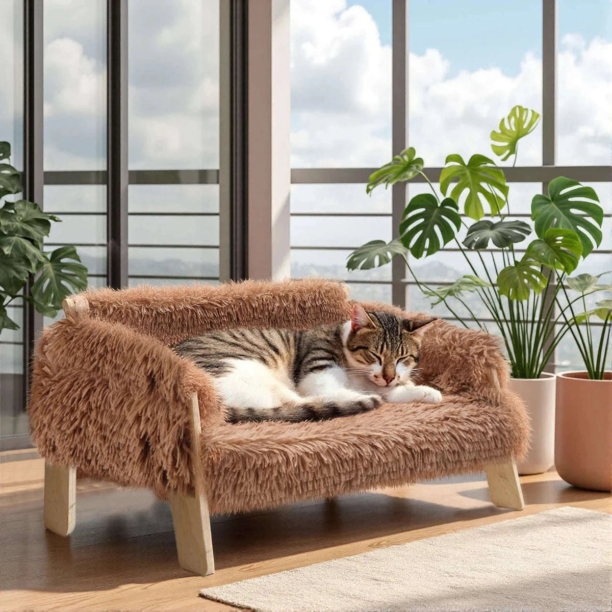 Large Raised Plush Cat Sofa Bed with Wooden Legs-Brown / United Kingdom