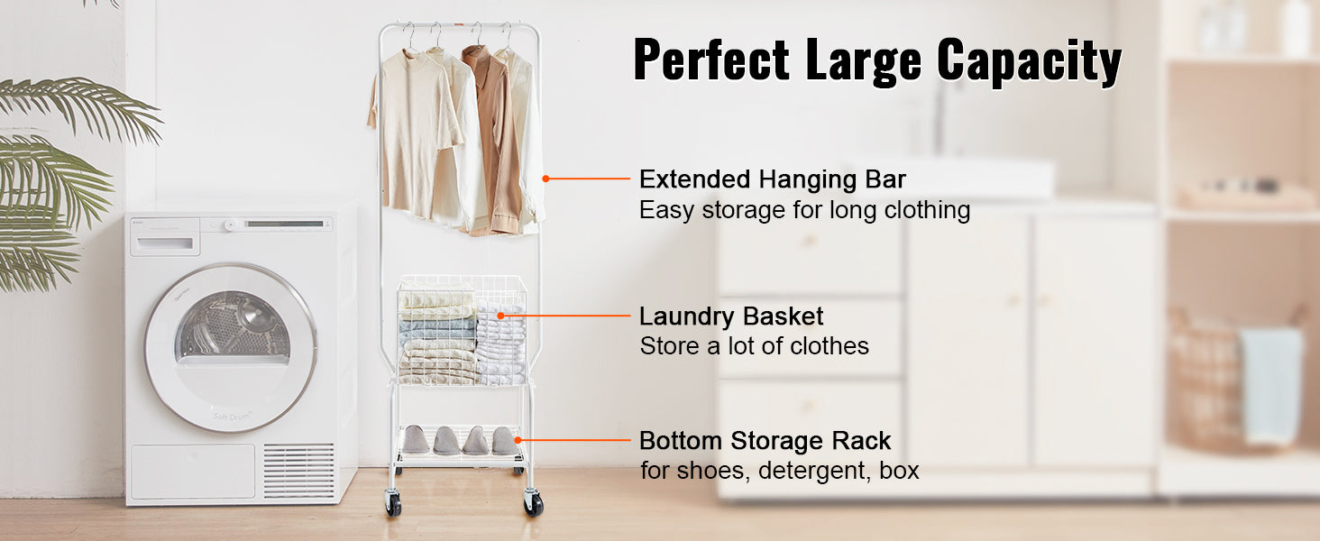Height Adjustment Laundry Hamper Cart with Basket and Shelf Storage Organizer with Lockable Wheels