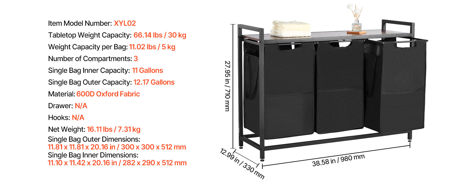 Large Laundry Sorter with Metal Frame & Pull-Out Bags