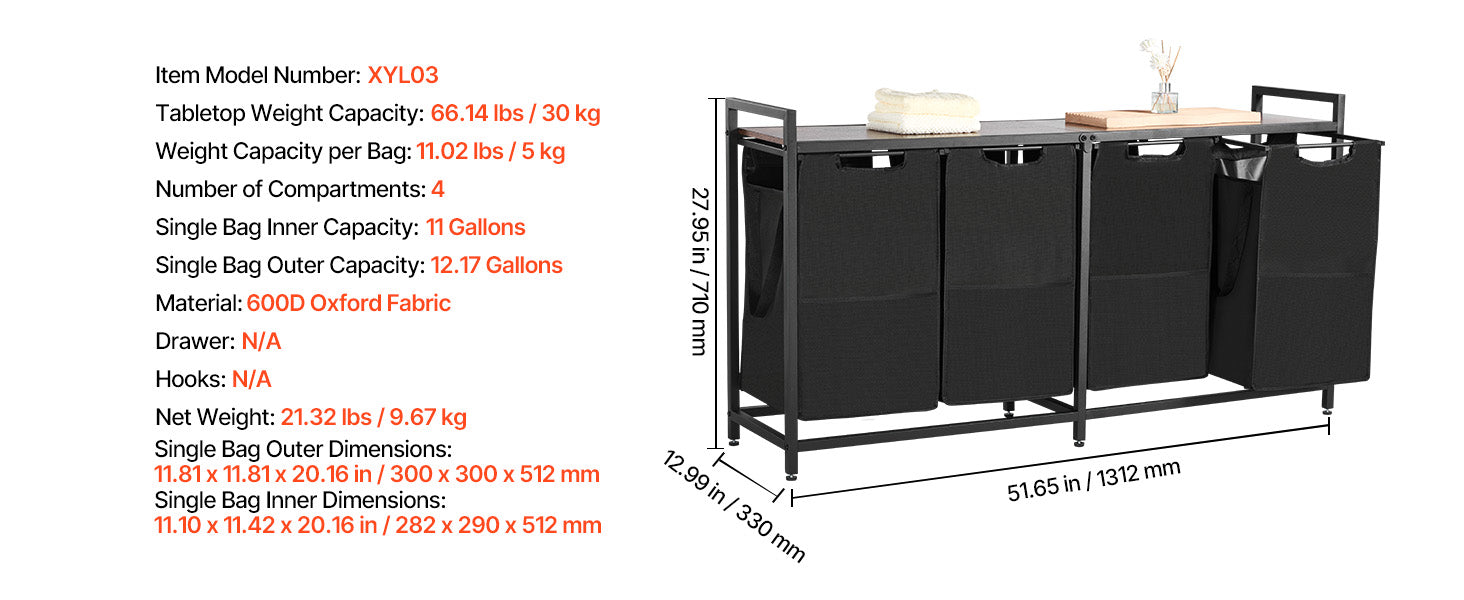 Large Laundry Sorter with Metal Frame & Pull-Out Bags