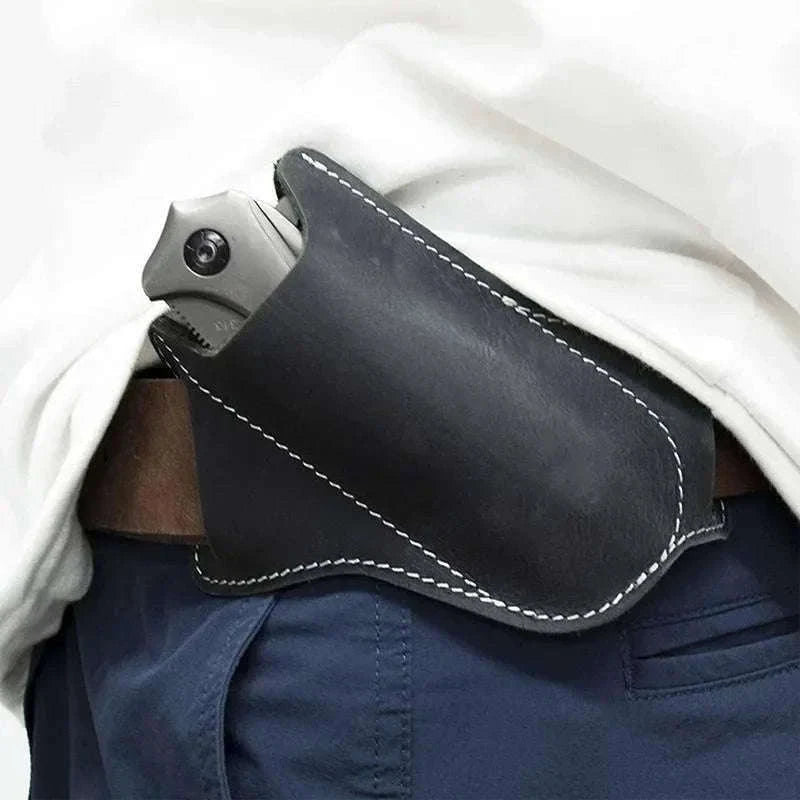 Leather Knife Storage Sheath with Belt Clip for Folding Knives-black