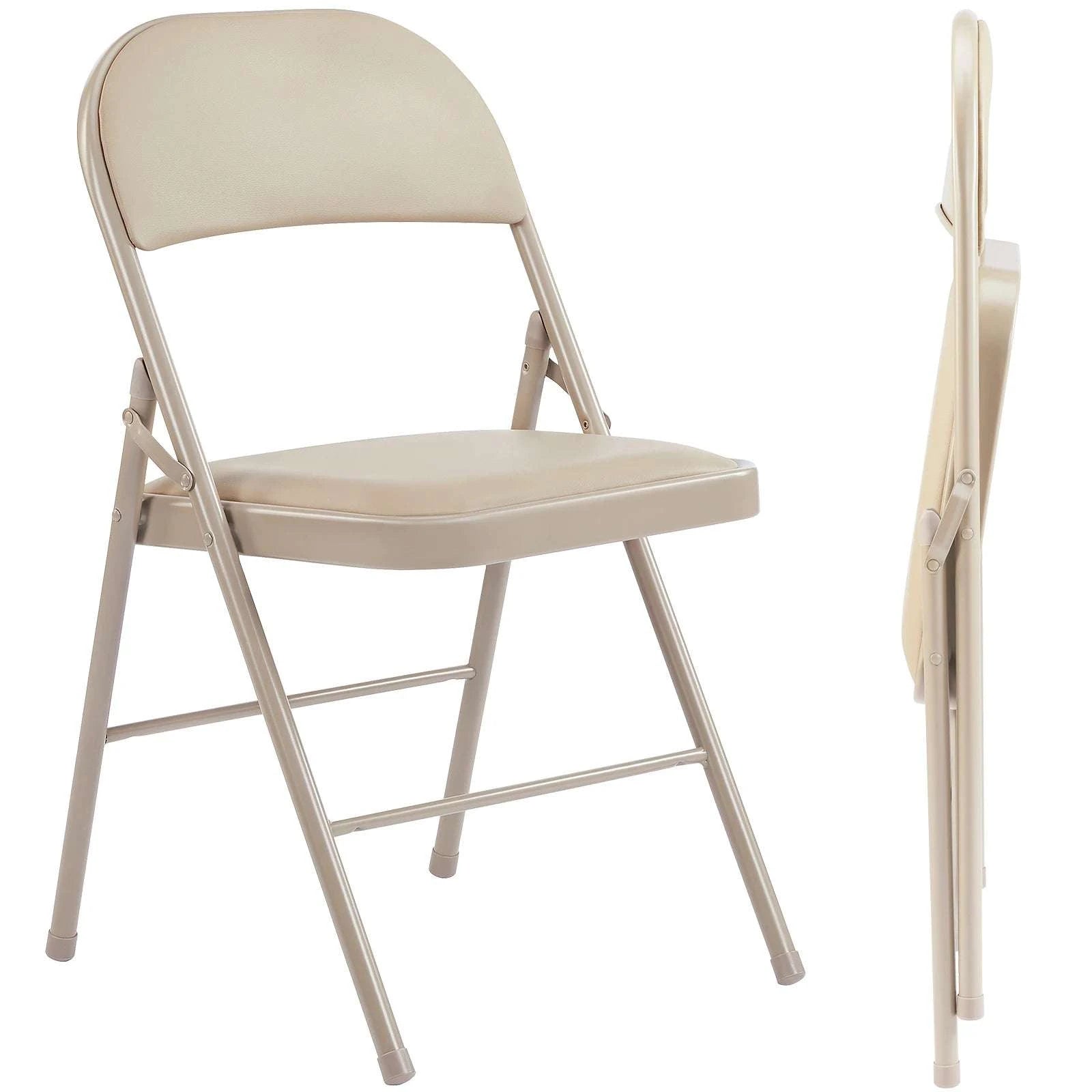 Leather Padded Folding Chairs 2 Pack with Metal Frame-Rice White / United States