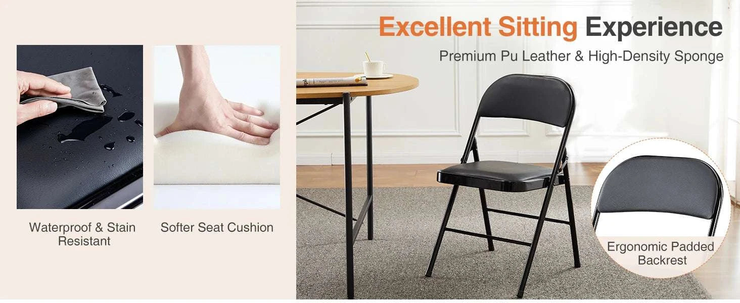Leather Padded Folding Chairs 2 Pack with Metal Frame-Rice White / United States