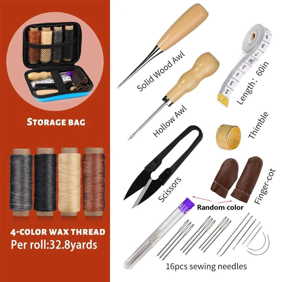 Leather Stitching Kit with Awl, Needles & 30m Waxed Thread-27pcs / United States