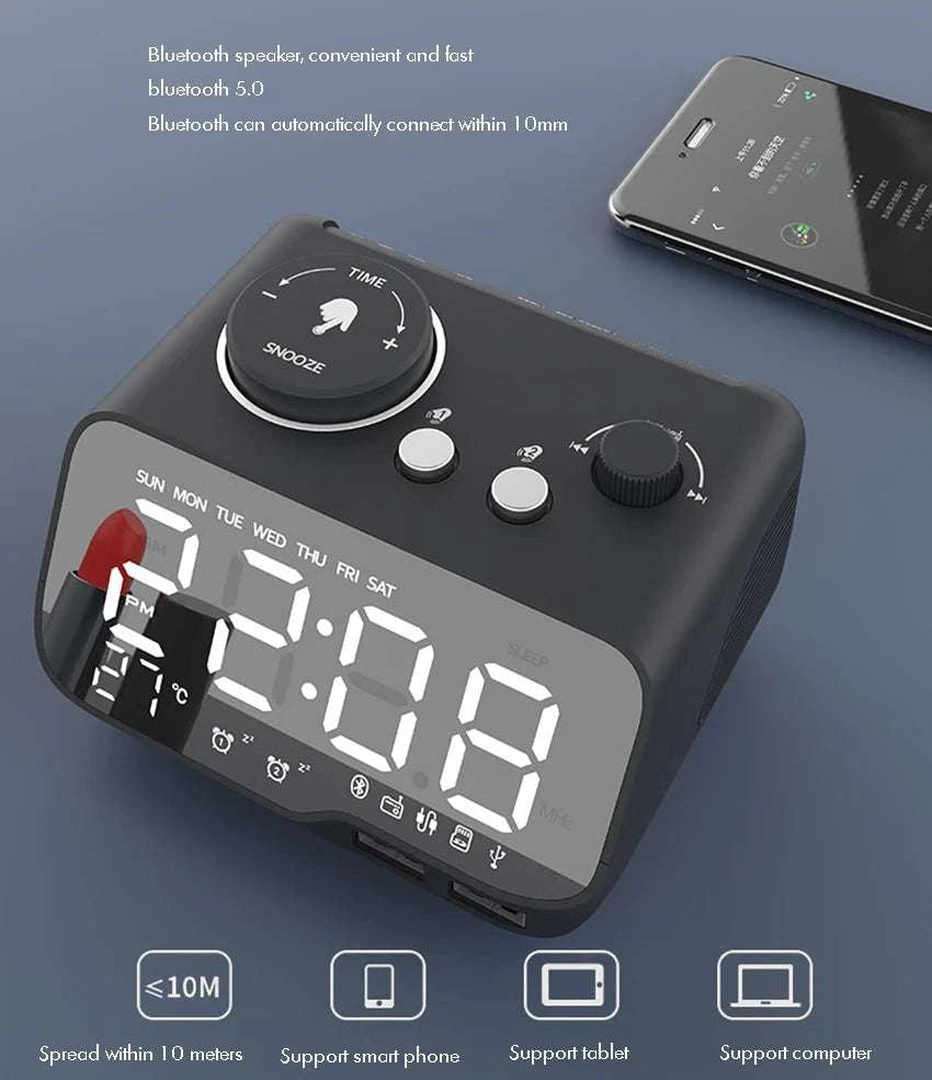 LED Alarm Clock Bluetooth Speaker with FM Radio & USB Charging-White UK  Plug