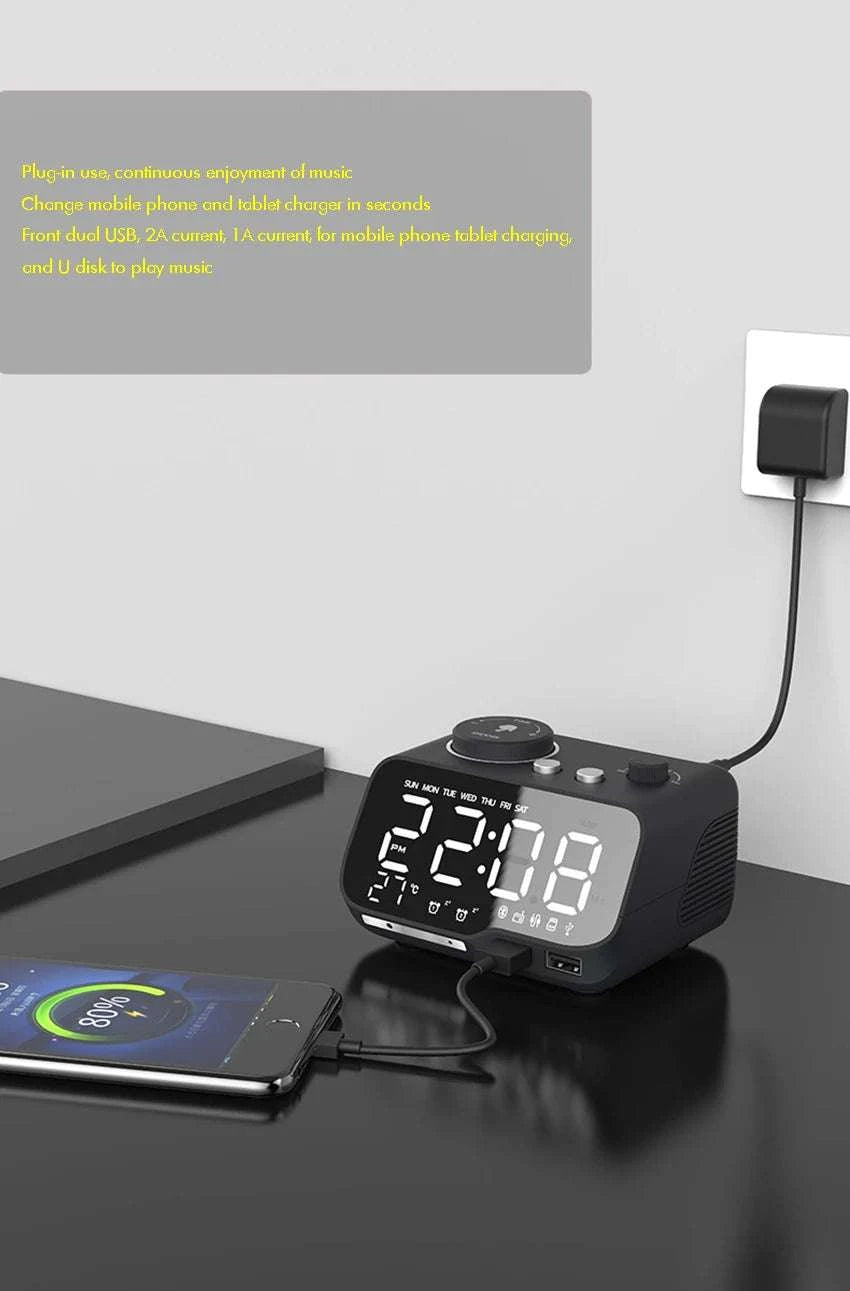 LED Alarm Clock Bluetooth Speaker with FM Radio & USB Charging-White UK  Plug