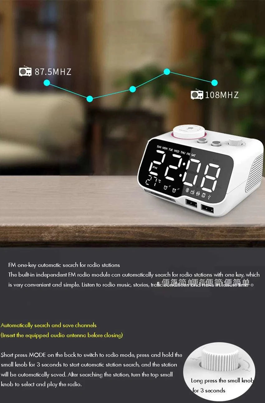 LED Alarm Clock Bluetooth Speaker with FM Radio & USB Charging-White UK  Plug