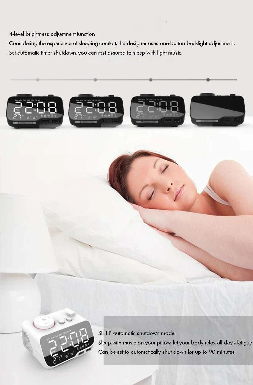 LED Alarm Clock Bluetooth Speaker with FM Radio & USB Charging-White UK  Plug
