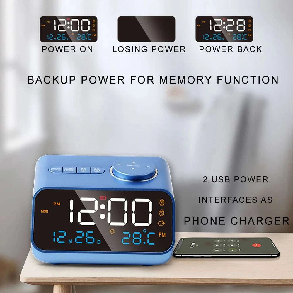 LED Alarm Clock with FM Radio, Temperature & Humidity Display-BLACK