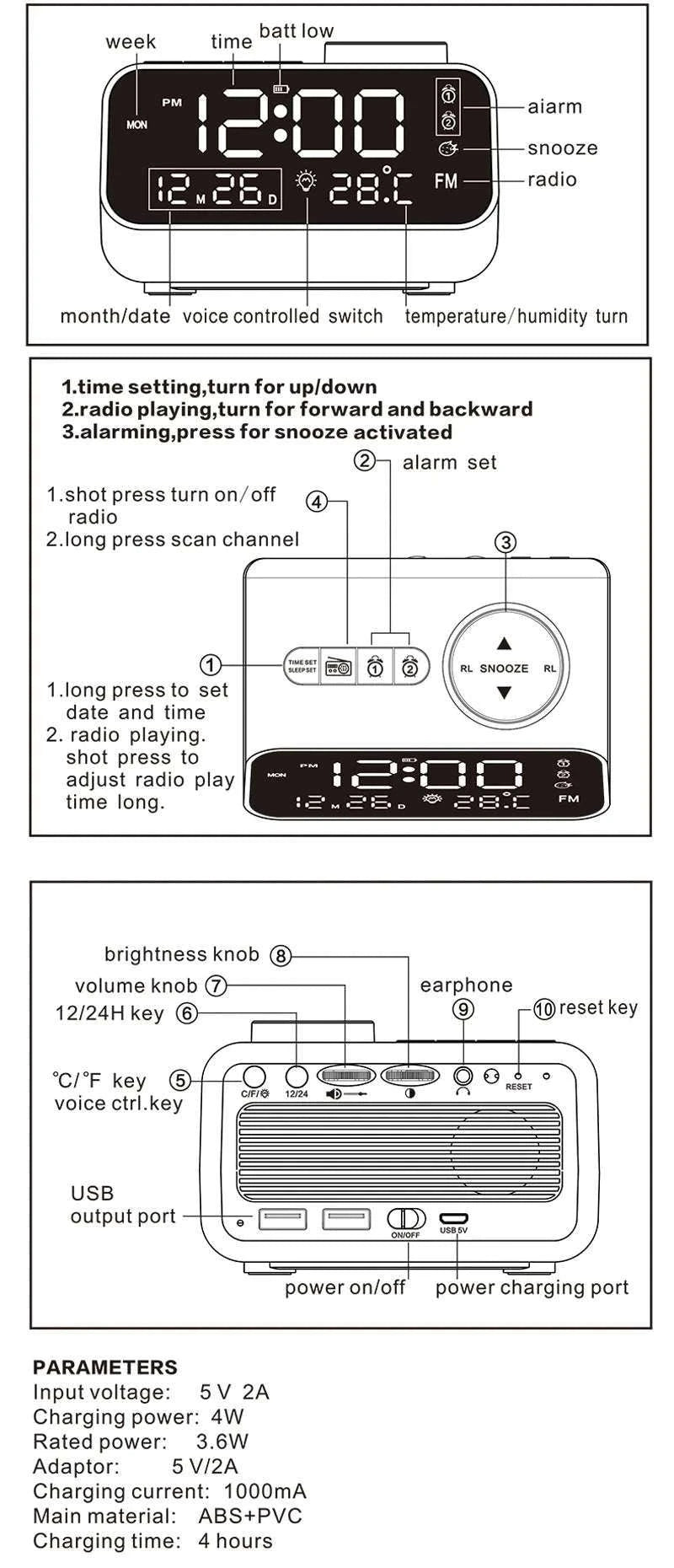 LED Alarm Clock with FM Radio, Temperature & Humidity Display-BLACK