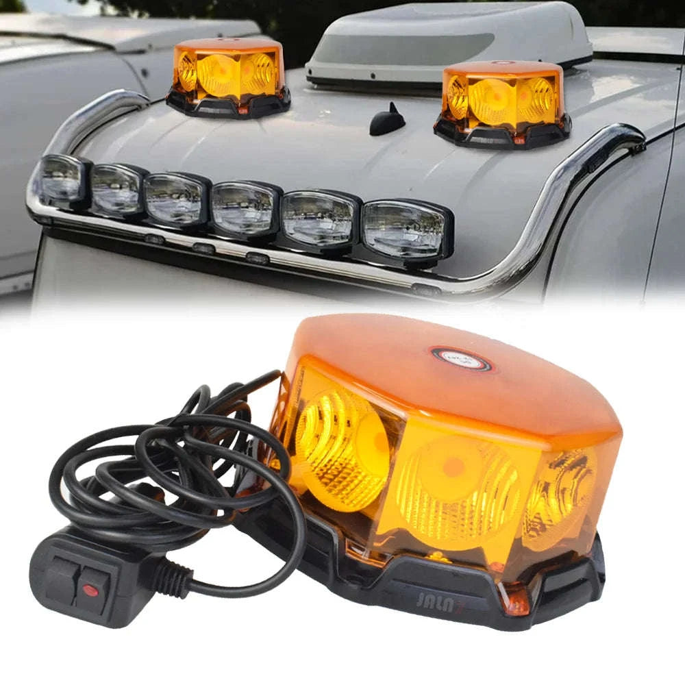 LED Amber Strobe Warning Beacon Light with Magnetic Base, 12V-24V-Amber