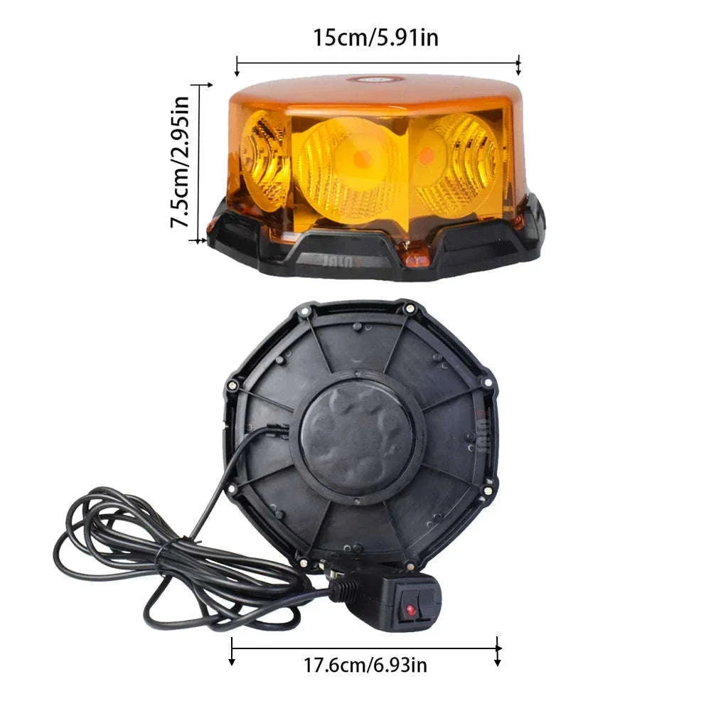 LED Amber Strobe Warning Beacon Light with Magnetic Base, 12V-24V-Amber