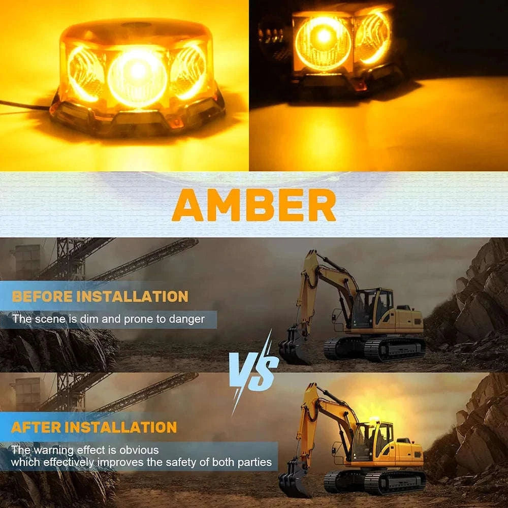 LED Amber Strobe Warning Beacon Light with Magnetic Base, 12V-24V-Amber