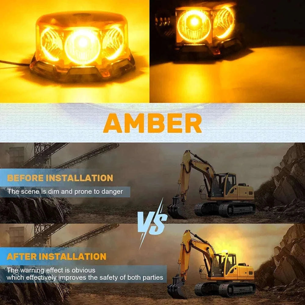 LED Amber Strobe Warning Beacon Light with Magnetic Base, 12V-24V-Amber