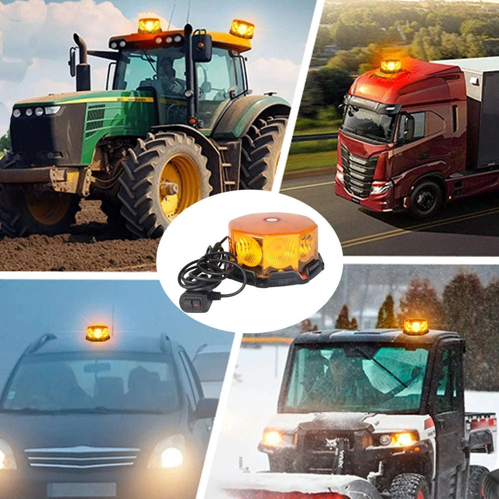 LED Amber Strobe Warning Beacon Light with Magnetic Base, 12V-24V-Amber