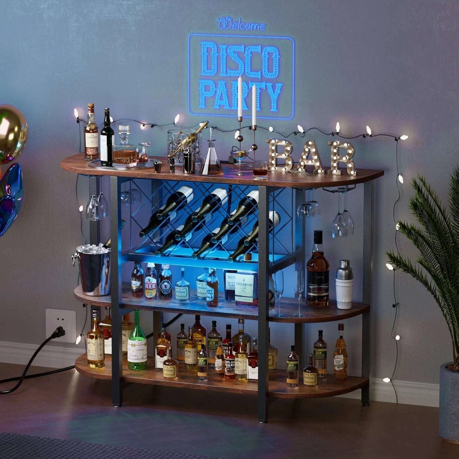 LED Bar Cabinet with Storage, Charging Station & Wine Rack-Gray / United States
