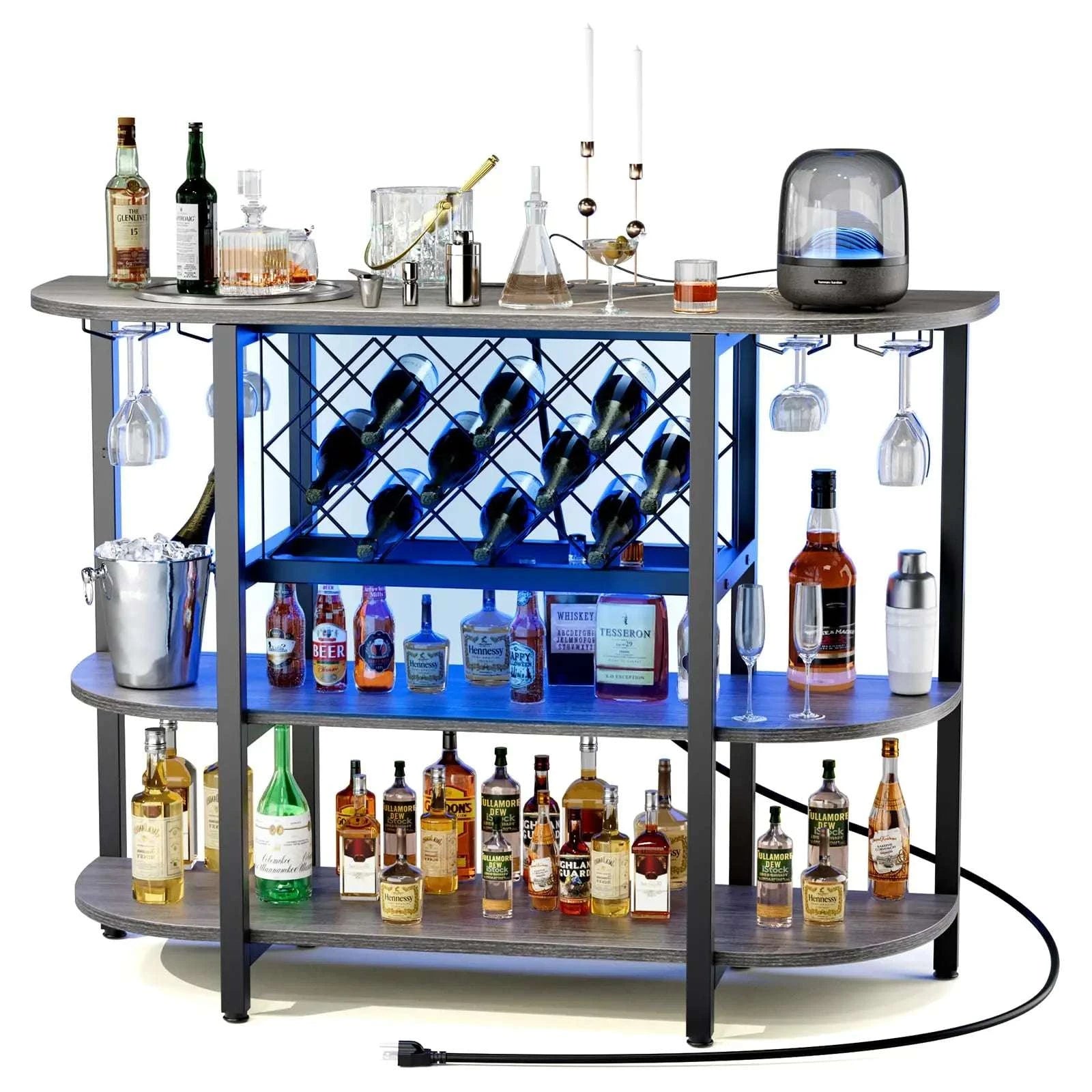 LED Bar Cabinet with Storage, Charging Station & Wine Rack-Gray / United States