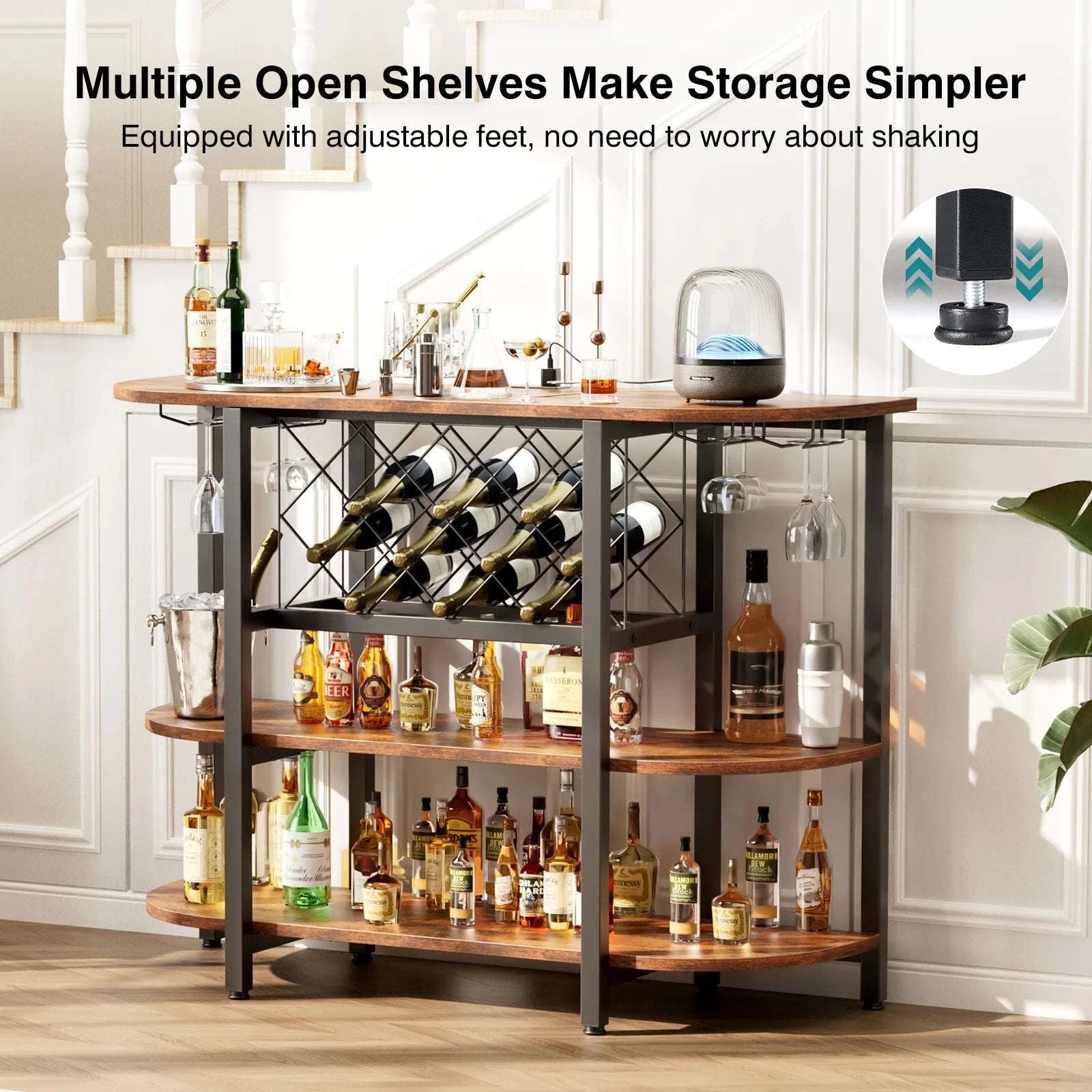 LED Bar Cabinet with Storage, Charging Station & Wine Rack-Gray / United States