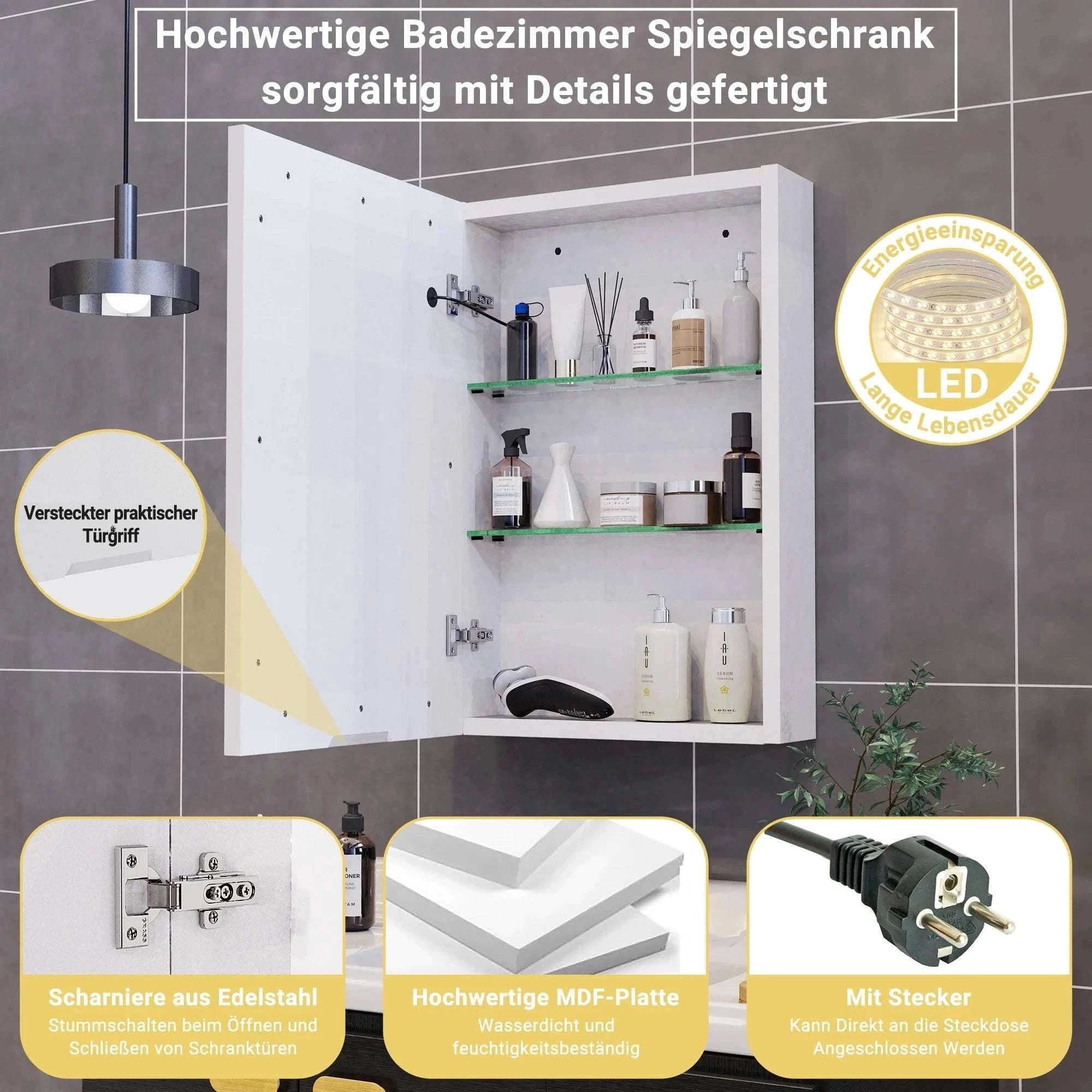 LED Bathroom Mirror Cabinet 80cm Wall Mounted with Storage Shelves-white-50x15x70cm-1 door / GERMANY