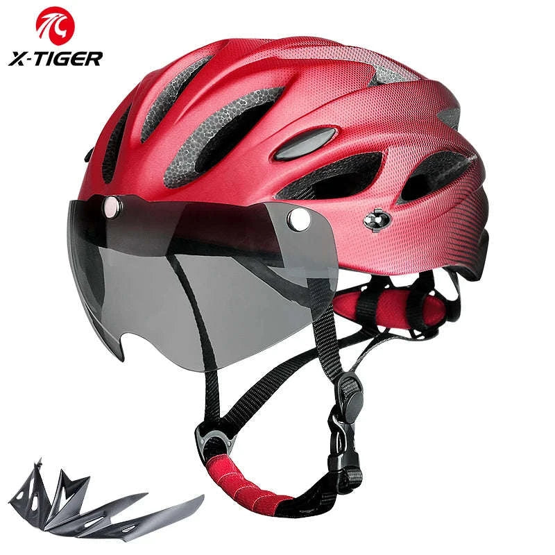 LED Bike Helmet with Dual-Mode Rear Light and Goggles-Red