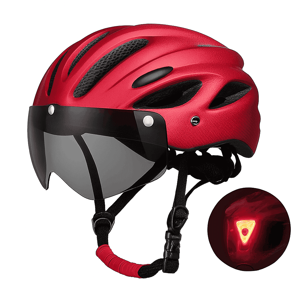 LED Bike Helmet with Rear Light, Goggles, and Adjustable Fit-Blue
