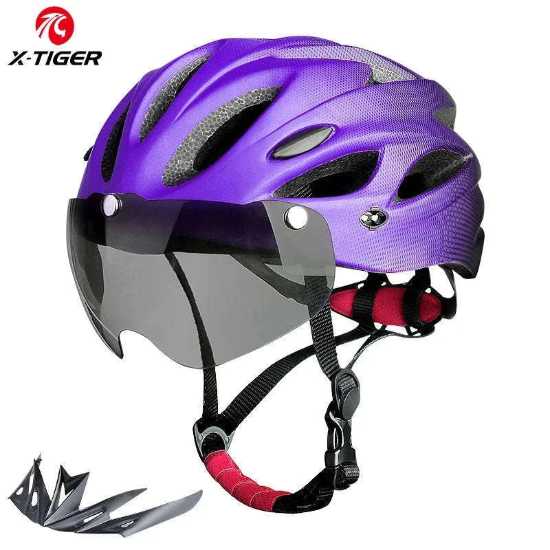 LED Bike Helmet with Rear Light, Goggles, and Adjustable Fit-Blue