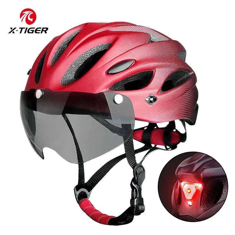 LED Bike Helmet with Rear Light, Goggles, and Adjustable Fit-Blue