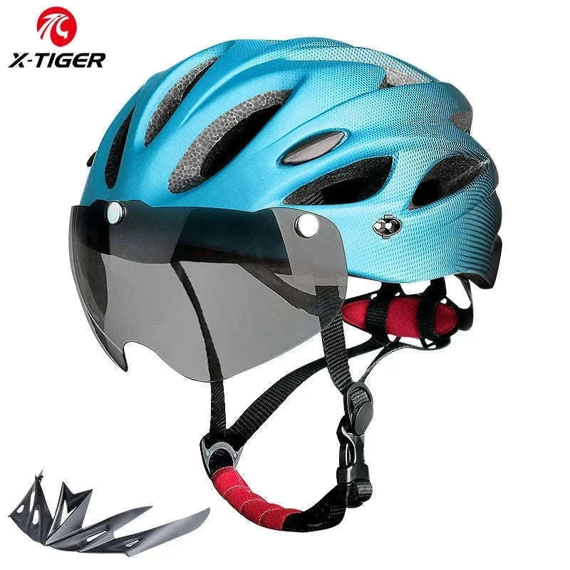 LED Bike Helmet with Rear Light, Goggles, and Adjustable Fit-Blue