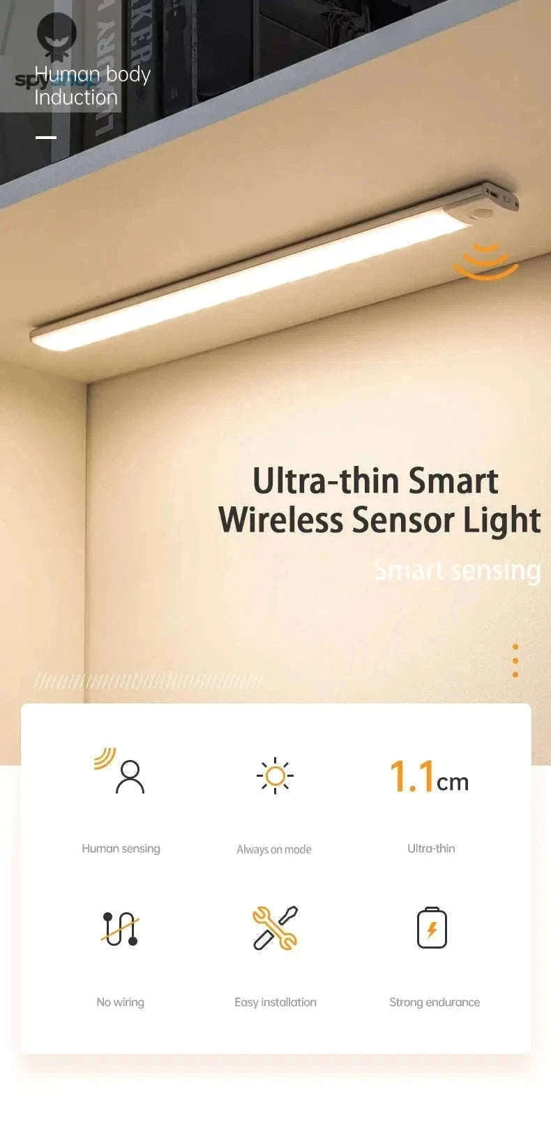 LED Cabinet Light with Motion Sensor, Rechargeable and Slim-Silvery 40CM