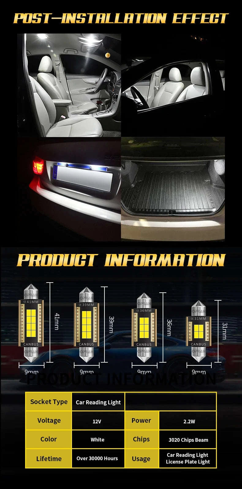 LED Festoon Car Lights 31/36/39/41mm 12V/24V-31mm / 2 pieces / 2PCS White