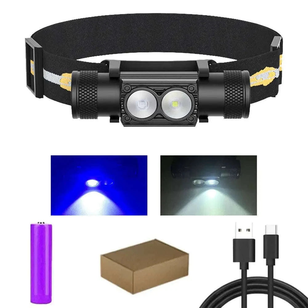 LED Headlamp High Power White Blue Rechargeable USB Type-C-No Battery