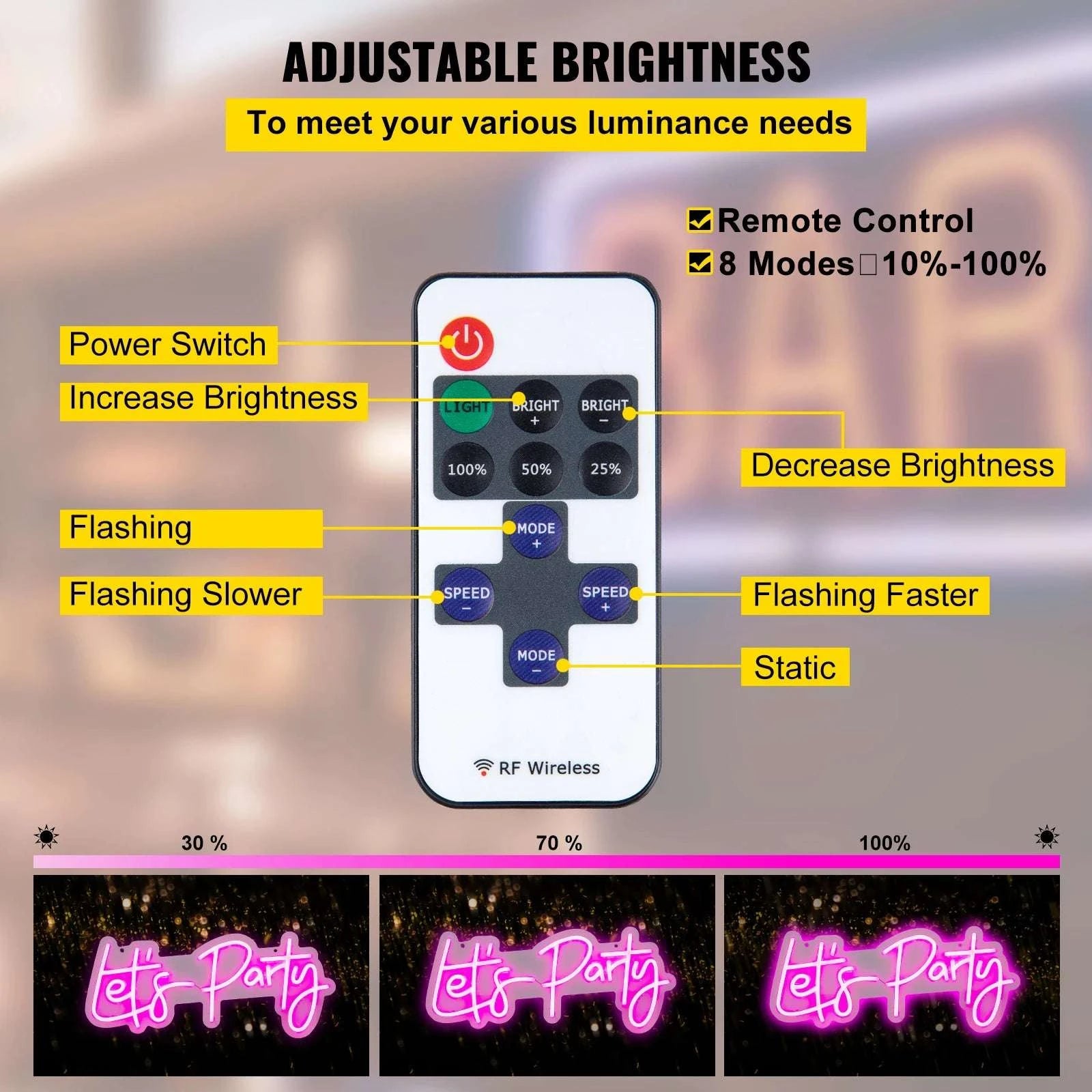 LED “Let’s Party” Neon Sign with Remote & Adjustable Brightness-Pink 20W / United States
